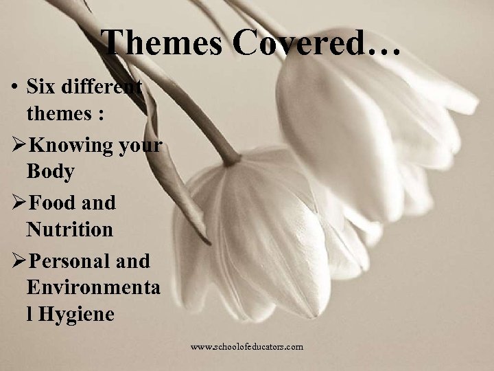 Themes Covered… • Six different themes : ØKnowing your Body ØFood and Nutrition ØPersonal