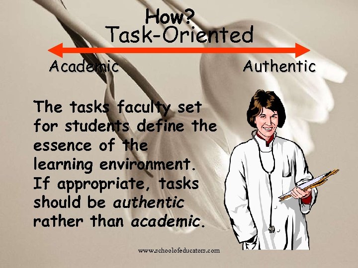How? Task-Oriented Academic Authentic The tasks faculty set for students define the essence of