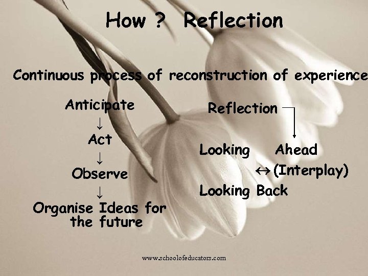 How ? Reflection Continuous process of reconstruction of experience Anticipate ↓ Act ↓ Observe
