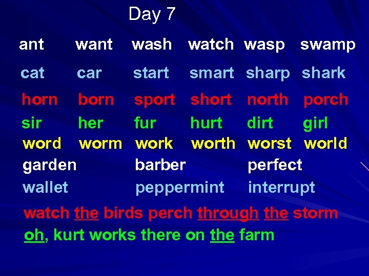 Day 7 ant wash watch wasp swamp cat car start horn born sir her