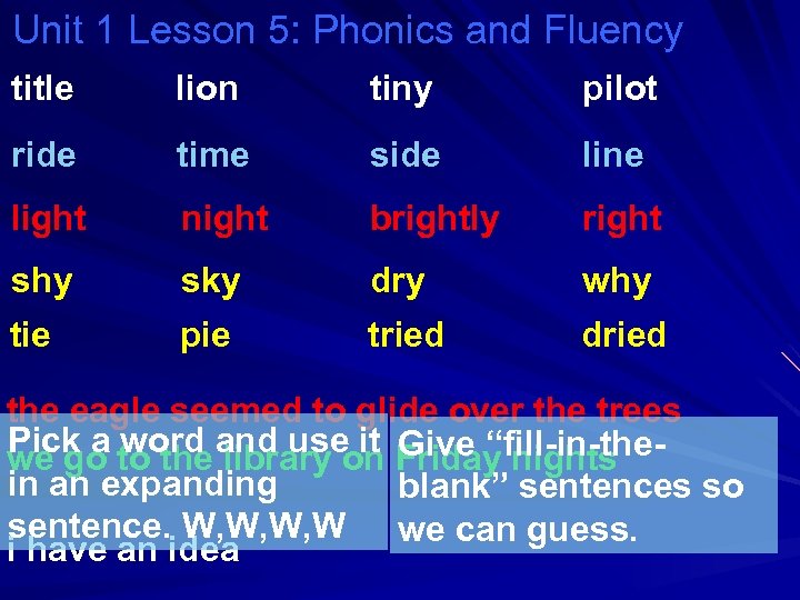 Unit 1 Lesson 5: Phonics and Fluency title lion tiny pilot ride time side