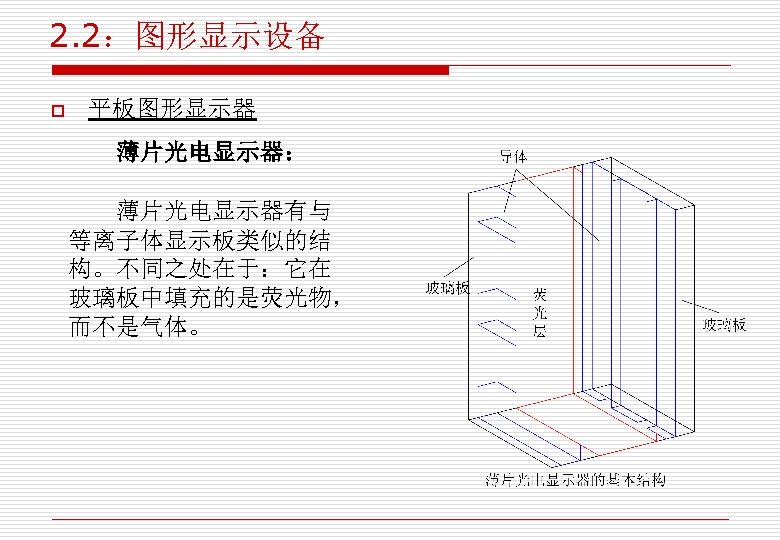 2. 2：图形显示设备 o 平板图形显示器 薄片光电显示器： 薄片光电显示器有与 等离子体显示板类似的结 构。不同之处在于：它在 玻璃板中填充的是荧光物， 而不是气体。 