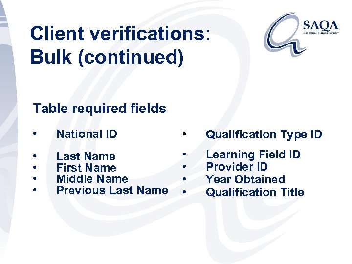 Client verifications: Bulk (continued) Table required fields • National ID • Qualification Type ID
