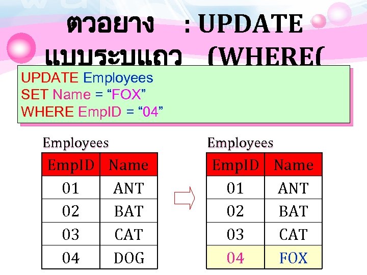 ตวอยาง : UPDATE แบบระบแถว (WHERE( UPDATE Employees SET Name = “FOX” WHERE Emp. ID