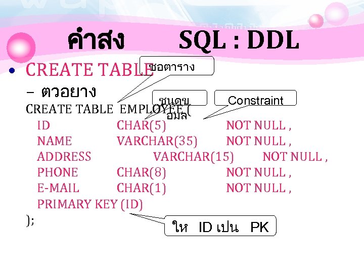 คำสง SQL : DDL ชอตาราง • CREATE TABLE – ตวอยาง ชนดข CREATE TABLE EMPLOYEE