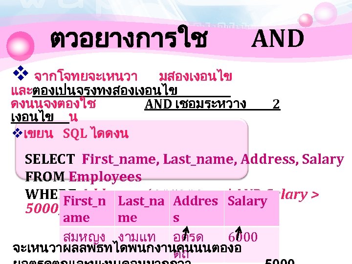 ตวอยางการใช AND v จากโจทยจะเหนวา มสองเงอนไข และตองเปนจรงทงสองเงอนไข ดงนนจงตองใช AND เชอมระหวาง เงอนไข น vเขยน SQL ไดดงน