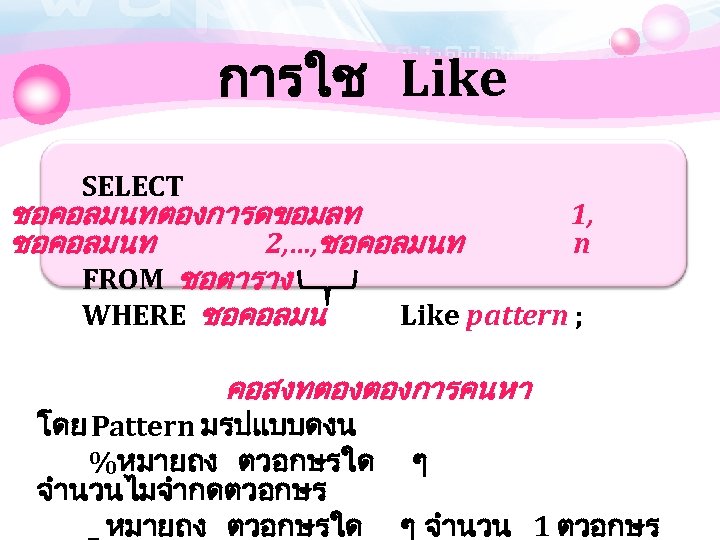 การใช Like SELECT ชอคอลมนทตองการดขอมลท 1, ชอคอลมนท 2, …, ชอคอลมนท n FROM ชอตาราง WHERE ชอคอลมน