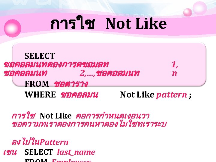 การใช Not Like SELECT ชอคอลมนทตองการดขอมลท 1, ชอคอลมนท 2, …, ชอคอลมนท n FROM ชอตาราง WHERE