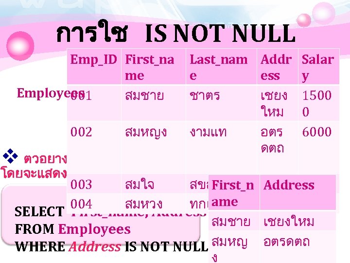 การใช IS NOT NULL Emp_ID First_na me Employees สมชาย 001 Last_nam Addr Salar e