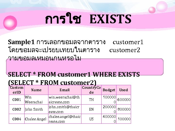 การใช EXISTS Sample 1 การเลอกขอมลจากตาราง customer 1 โดยขอมลจะเปรยบเทยบในตาราง customer 2 วามขอมลเหมอนกนหรอไม SELECT * FROM