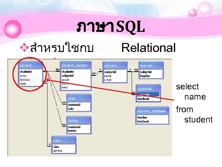 ภาษา SQL vสำหรบใชกบ Database Relational select name from student 