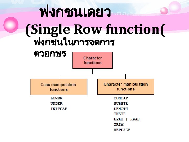 ฟงกชนเดยว (Single Row function( ฟงกชนในการจดการ ตวอกษร 