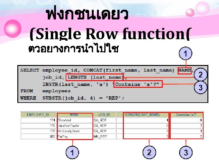 ฟงกชนเดยว (Single Row function( ตวอยางการนำไปใช 
