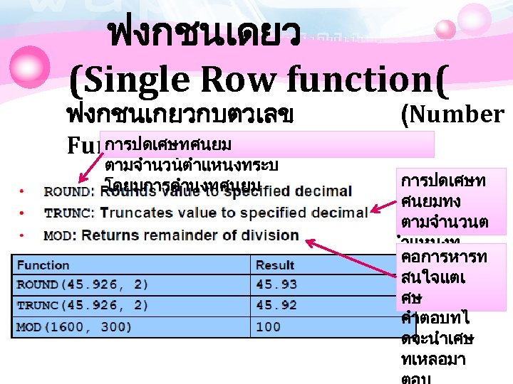 ฟงกชนเดยว (Single Row function( ฟงกชนเกยวกบตวเลข การปดเศษทศนยม Function( ตามจำนวนตำแหนงทระบ โดยมการคำนงทศนยม (Number การปดเศษท ศนยมทง ตามจำนวนต ำแหนงท