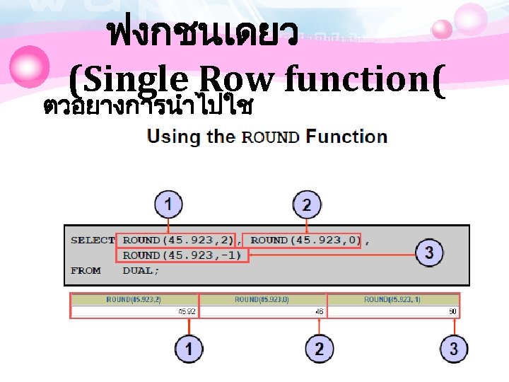 ฟงกชนเดยว (Single Row function( ตวอยางการนำไปใช 