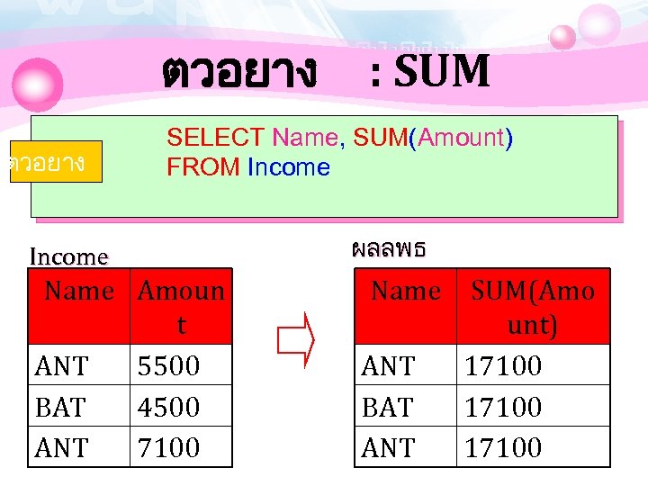 ตวอยาง : SUM SELECT Name, SUM(Amount) FROM Income Name Amoun t ANT 5500 BAT