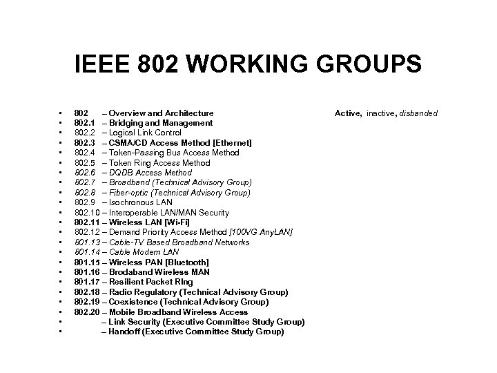 IEEE 802 WORKING GROUPS • • • • • • 802 – Overview and