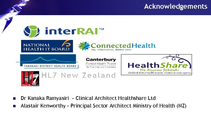 Acknowledgements n n Dr Kanaka Ramyasiri - Clinical Architect Healthshare Ltd Alastair Kenworthy -