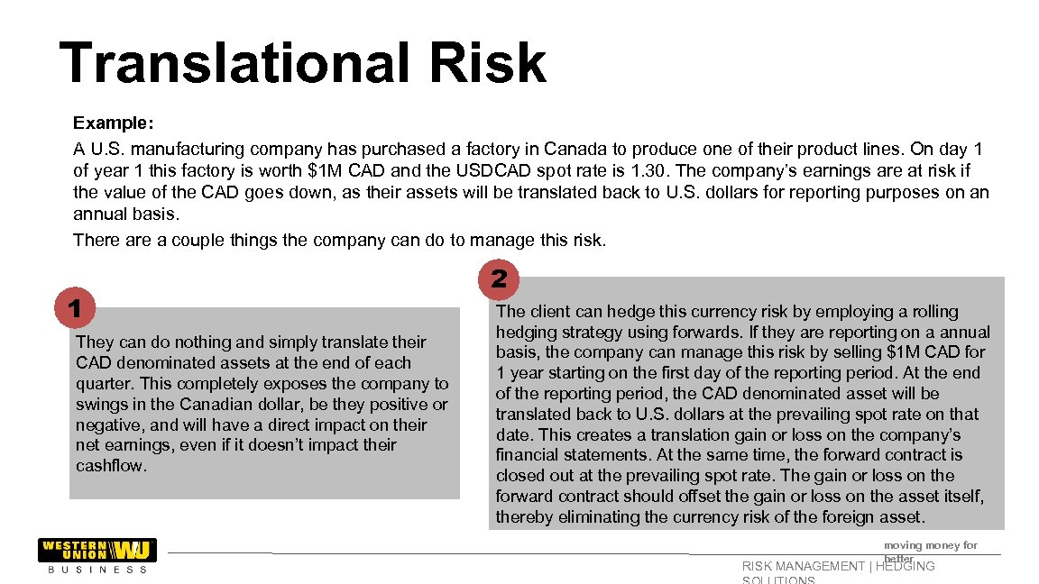 Translational Risk Example: A U. S. manufacturing company has purchased a factory in Canada