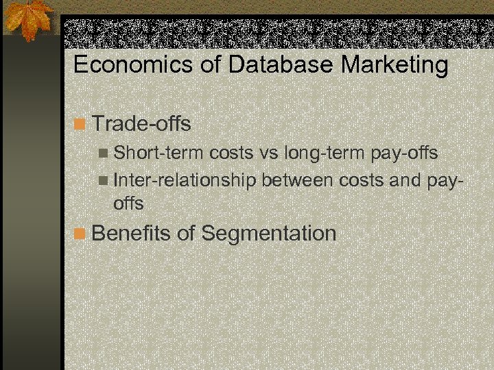 Economics of Database Marketing n Trade-offs n Short-term costs vs long-term pay-offs n Inter-relationship