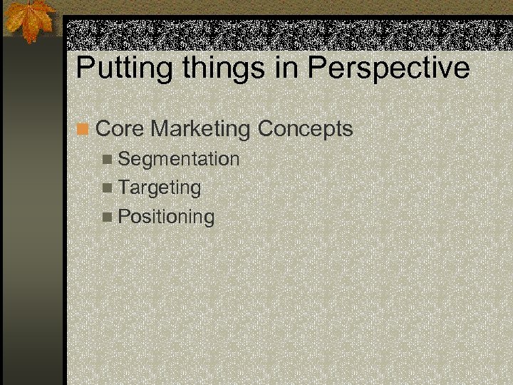 Putting things in Perspective n Core Marketing Concepts n Segmentation n Targeting n Positioning