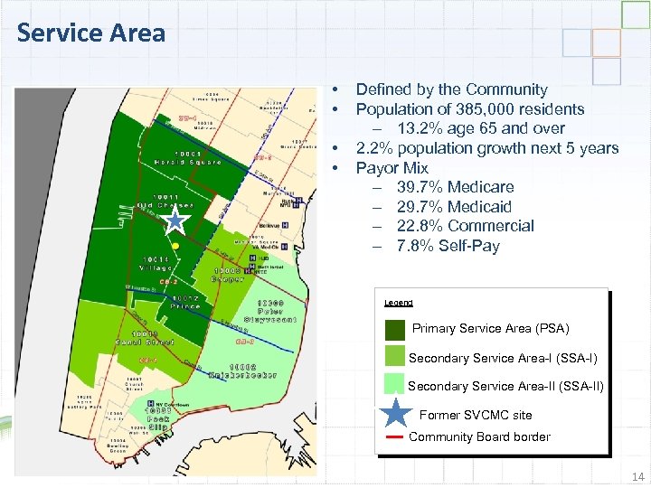 Service Area • • Defined by the Community Population of 385, 000 residents –
