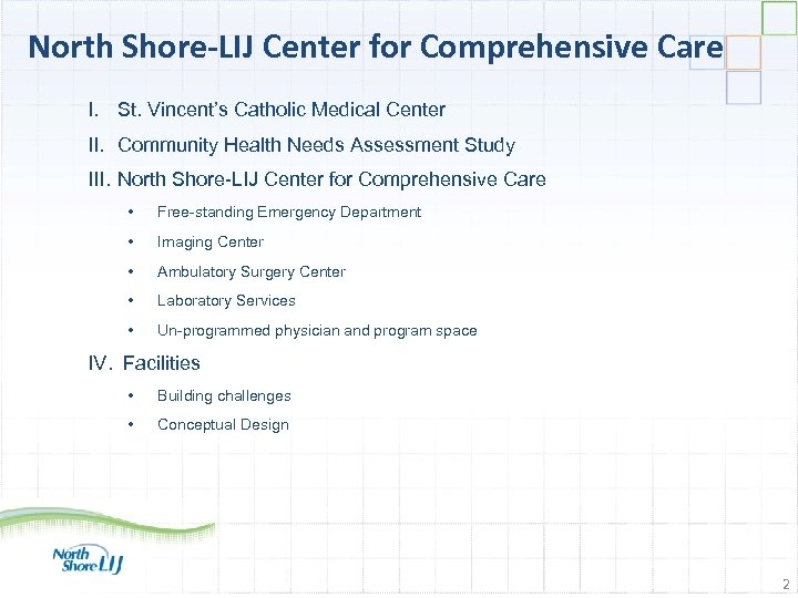 North Shore-LIJ Center for Comprehensive Care I. St. Vincent’s Catholic Medical Center II. Community