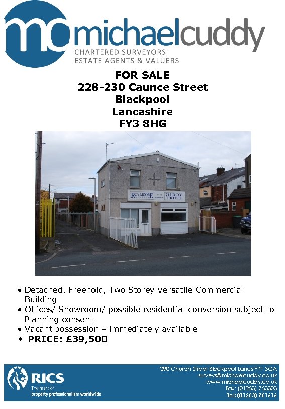 FOR SALE 228 -230 Caunce Street Blackpool Lancashire FY 3 8 HG • Detached,