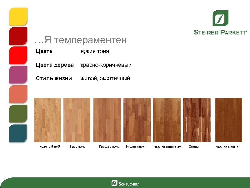 …Я темпераментен Цвета яркие тона Цвета дерева красно-коричневый Стиль жизни живой, экзотичный Красный дуб