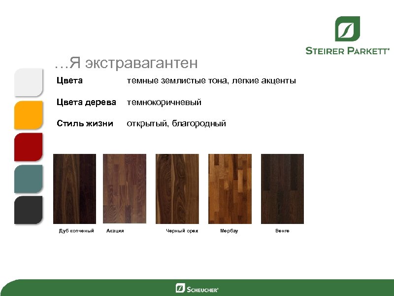 …Я экстравагантен Цвета темные землистые тона, легкие акценты Цвета дерева темнокоричневый Стиль жизни открытый,