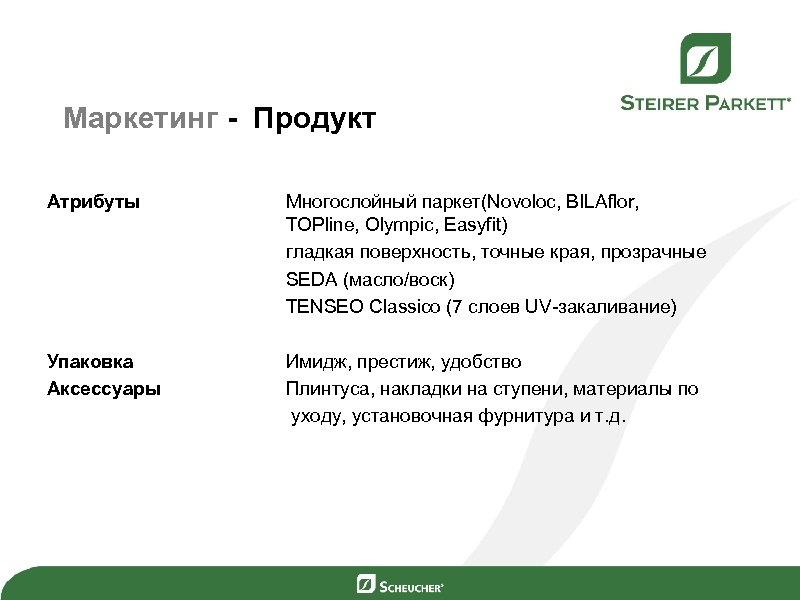 Маркетинг - Продукт Атрибуты Многослойный паркет(Novoloc, BILAflor, TOPline, Olympic, Easyfit) гладкая поверхность, точные края,