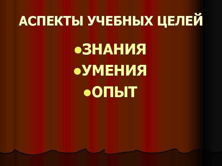 АСПЕКТЫ УЧЕБНЫХ ЦЕЛЕЙ l. ЗНАНИЯ l. УМЕНИЯ l. ОПЫТ 