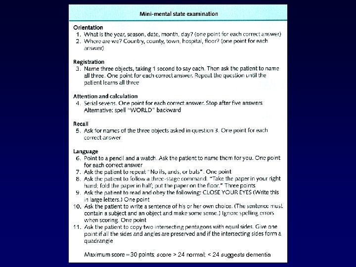 ; score > 24 normal; < 24 suggests dementia 