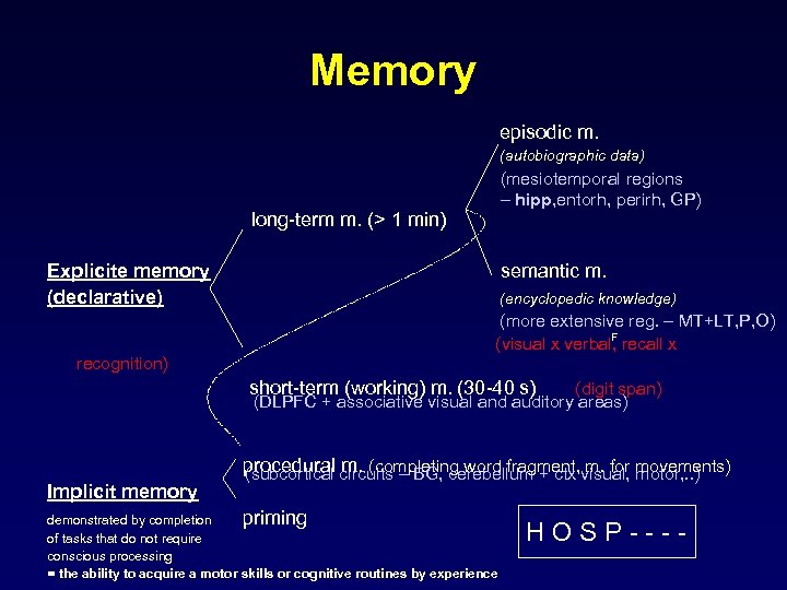 Memory episodic m. (autobiographic data) (mesiotemporal regions – hipp, entorh, perirh, GP) long-term m.