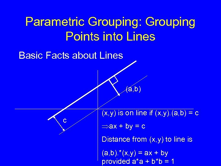 Parametric Grouping: Grouping Points into Lines Basic Facts about Lines (a, b) c (x,