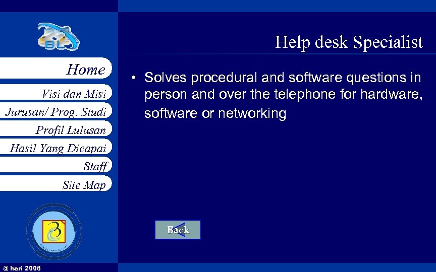 Help desk Specialist Home Visi dan Misi Jurusan/ Prog. Studi Profil Lulusan Hasil Yang