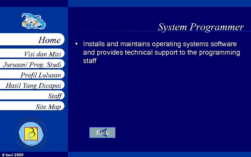 System Programmer Home Visi dan Misi Jurusan/ Prog. Studi Profil Lulusan Hasil Yang Dicapai