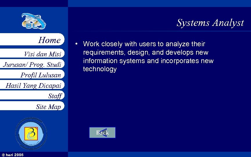 Systems Analyst Home Visi dan Misi Jurusan/ Prog. Studi Profil Lulusan Hasil Yang Dicapai