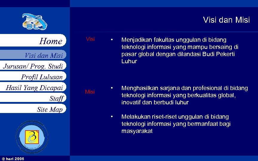 Visi dan Misi Home Visi dan Misi Jurusan/ Prog. Studi Profil Lulusan Hasil Yang