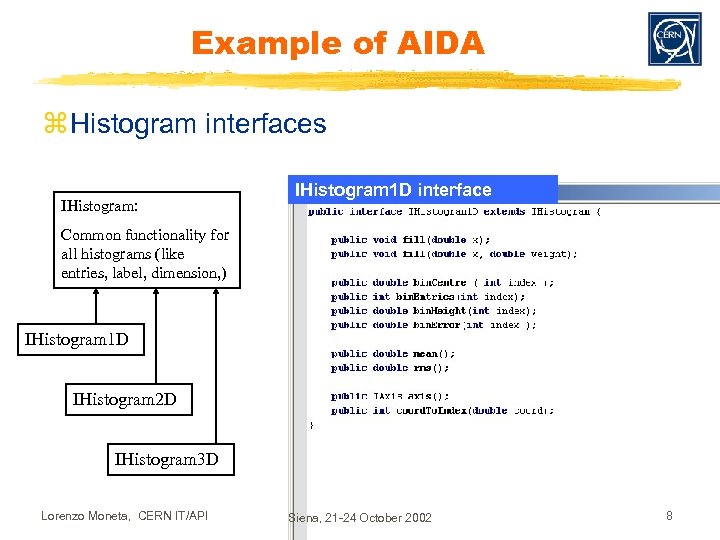 Example of AIDA z Histogram interfaces IHistogram: IHistogram 1 D interface Common functionality for