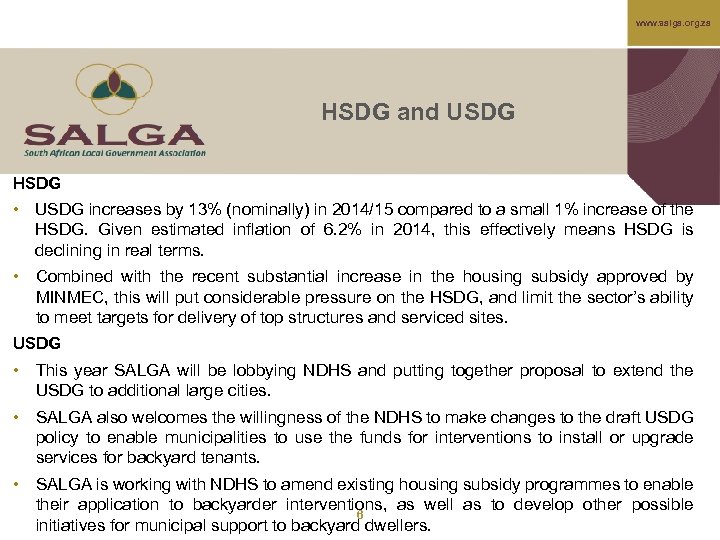 www. salga. org. za HSDG and USDG HSDG • USDG increases by 13% (nominally)