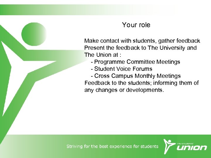 Your role Make contact with students, gather feedback Present the feedback to The University