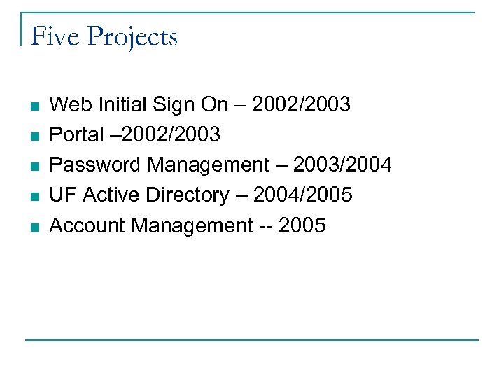 Five Projects n n n Web Initial Sign On – 2002/2003 Portal – 2002/2003