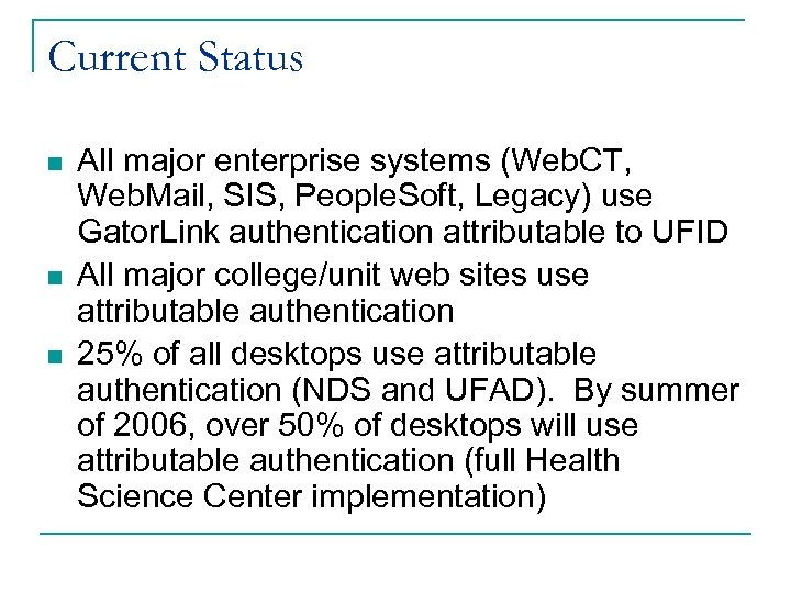 Current Status n n n All major enterprise systems (Web. CT, Web. Mail, SIS,