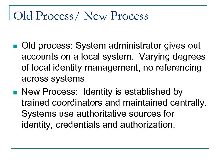 Old Process/ New Process n n Old process: System administrator gives out accounts on