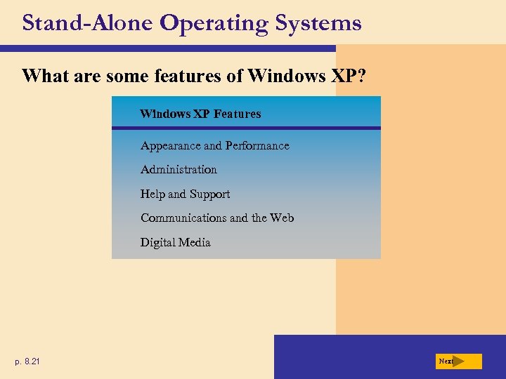 Stand-Alone Operating Systems What are some features of Windows XP? Windows XP Features Appearance