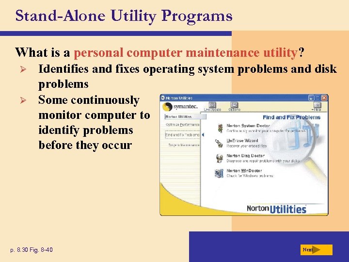 Stand-Alone Utility Programs What is a personal computer maintenance utility? Ø Ø Identifies and
