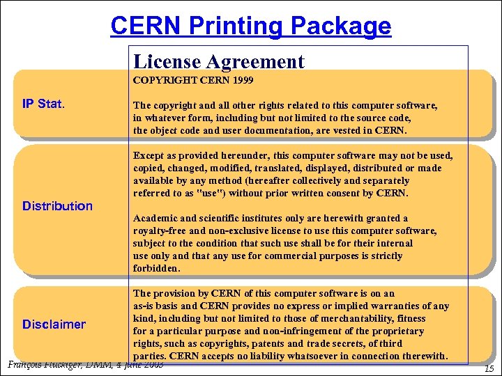 CERN Printing Package License Agreement COPYRIGHT CERN 1999 IP Stat. The copyright and all