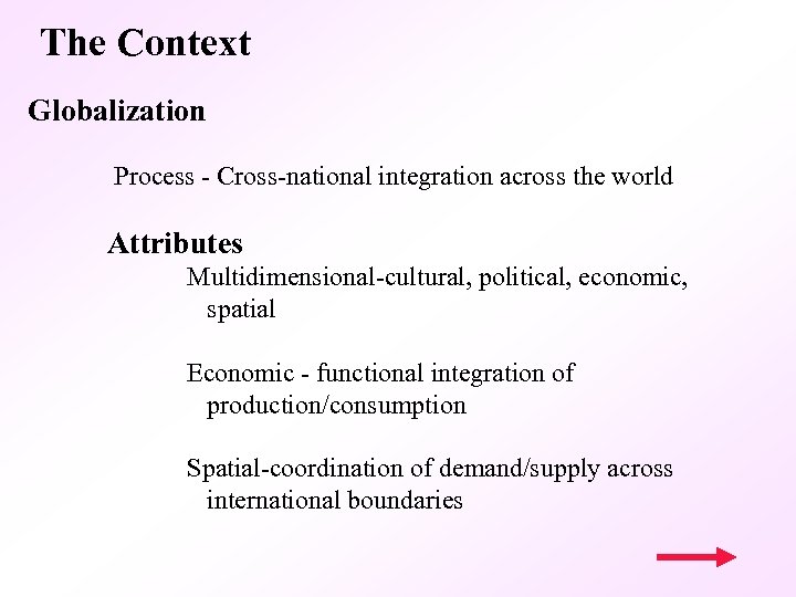 The Context Globalization Process - Cross-national integration across the world Attributes Multidimensional-cultural, political, economic,