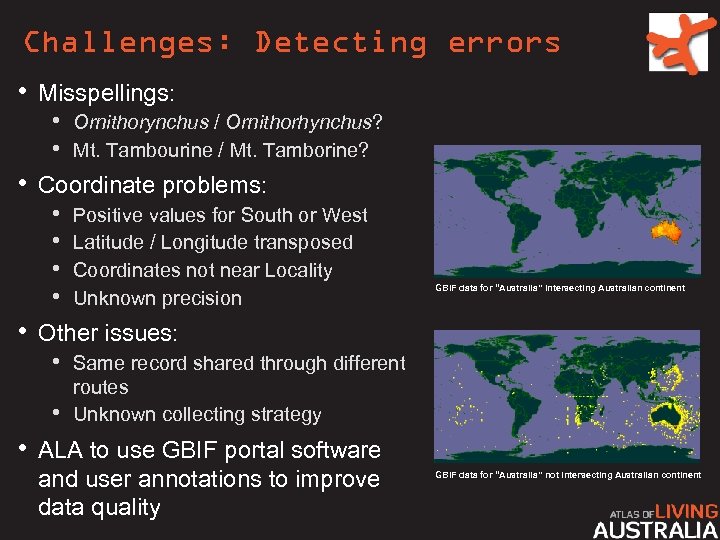 Challenges: Detecting errors • Misspellings: • Ornithorynchus / Ornithorhynchus? • Mt. Tambourine / Mt.